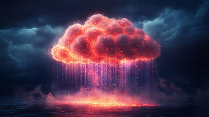 A glowing digital cloud releases streams of data like futuristic rain symbolizing the seamless flow of information connectivity cloud storage and the evolution of cloud computing technology

