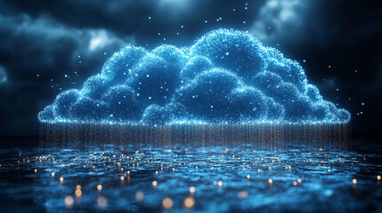 A glowing digital cloud releases streams of data like futuristic rain symbolizing the seamless flow of information connectivity cloud storage and the evolution of cloud computing technology

