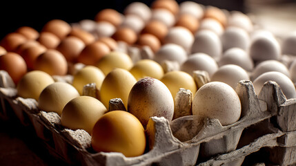 A variety of fresh eggs displayed in a carton, showcasing different colors and sizes, creating a vibrant and natural scene.
