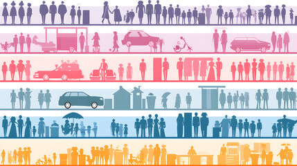A colorful infographic depicting diverse silhouettes of people in various settings, emphasizing urban life and community interaction.