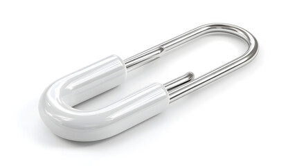 A close-up view of a sleek, modern white paperclip resting on a clean white background.
