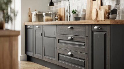 Dark gray kitchen cabinets with wooden countertops and accents.