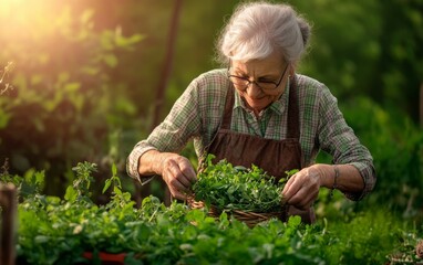 Elderly Woman Harvesting Fresh Herbs in a Vibrant Garden