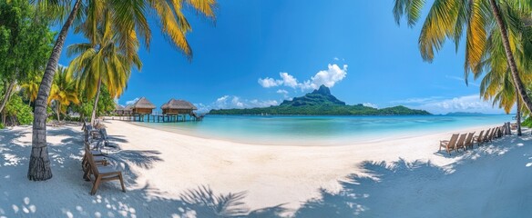 Naklejka premium A panoramic view of Bora Bora's white sandy beach, with palm trees and chairs in the foreground In the background is an island peak visible across clear blue waters Generative AI
