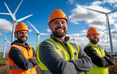 Proud Wind Energy Workers at a Modern Renewable Energy Farm