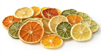 Obraz premium Slices of dried citrus fruits--orange, lemon, and lime--are arranged on a white background for decorative use