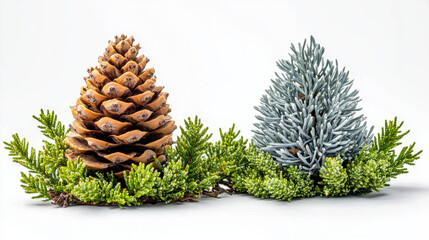 Fototapeta premium Two distinct cones from different coniferous trees are shown isolated on white, ideal for botanical study or nature design