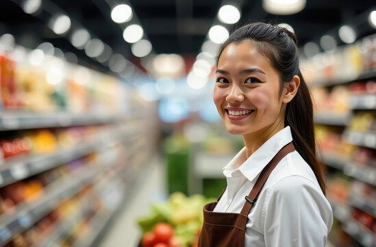 Smiling grocery store employee in apron aisle with fresh produce and blurred background. international workers day - Powered by Adobe