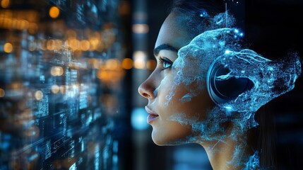 Digital Woman Futuristic Technology AI Concept Abstract Blue Data Visualization Modern Headphones Artificial Intelligence Network Cyberpunk Style