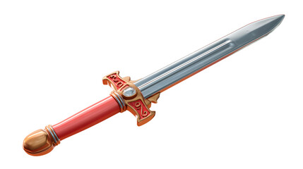 Fototapeta premium A beautifully crafted sword with a shiny silver blade and an ornate hilt featuring red and gold accents.