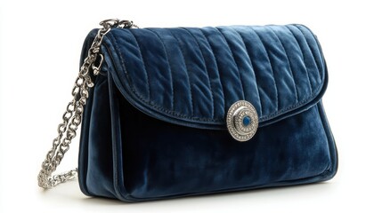 Navy blue velvet handbag with silver chain, isolated on white background