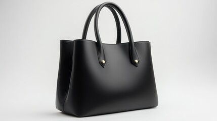Premium black leather tote bag handbag with minimal gold logo, isolated on white background