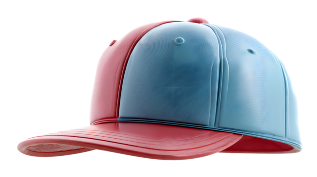 A vibrant two-tone baseball cap featuring red and blue panels, perfect for adding a pop of color to any outfit. - Powered by Adobe