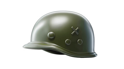 Fototapeta premium A classic military helmet in olive green, featuring distinctive markings, symbolizing strength and heritage.