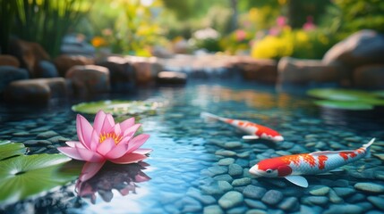 Koi fish swim peacefully in a pond garden, for wellness blog/nature screensaver