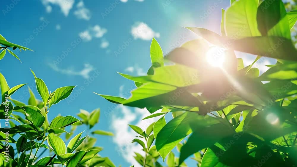 Aufkleber fresh green leaves under a bright blue sky with scattered clouds creating a peaceful and serene atmo