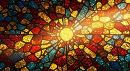 Vibrant Stained Glass Window Sunburst Design Colorful Mosaic Artistic Texture
