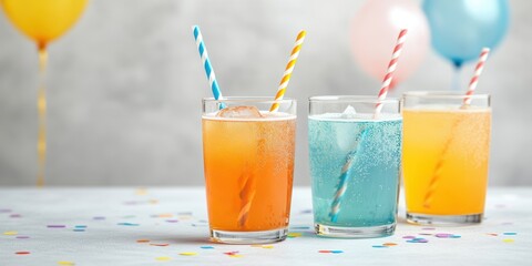 childrens party drinks, bright and cheerful kid-friendly soft drinks with striped straws served on a party table, celebrating international childrens day