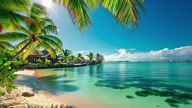Scenic tropical beach with palm trees and clear waters on a sunny day in a vibrant coastal location