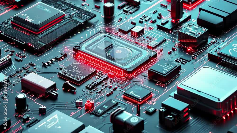 Leinwandbilder Close-up of a modern circuit board with intricate chip design and glowing elements showcasing advanced technology in a futuristic setting