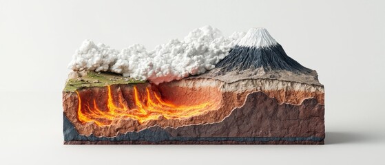 volcano lava pressure concept. Volcanic landscape model with lava and smoke effects.
