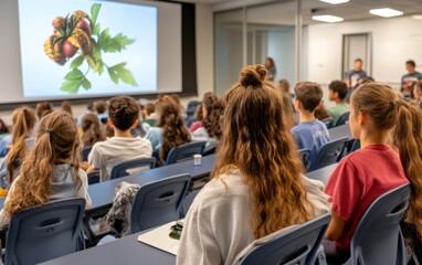 Engaged Students in a Lively Educational Setting.  A captivating lecture hall filled with attentive students, absorbing a presentation on plants.  Educational environment