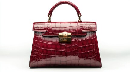 Luxury red crocodile leather handbag with gold clasp, isolated on white background