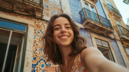 A smiling woman takes a selfie against a vibrant, azulejo-tiled building in Lisbon, Portugal.