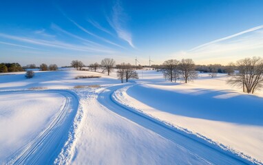 Obraz premium A Winter Wonderland: Pristine Snow-Covered Landscape with Winding Trails