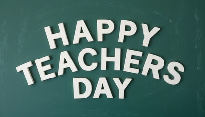 Obraz premium Happy teachers day text in white letters on a green background for teacher appreciation celebration 