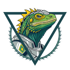 Cyberpunk-style mutant lizard head, intricate biomechanical armor plating within a triangular frame, detailed textures, sharp edges.