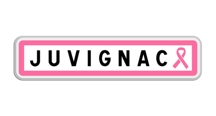 Panneau de sortie de Juvignac, Hérault, Occitanie avec Ruban Octobre Rose