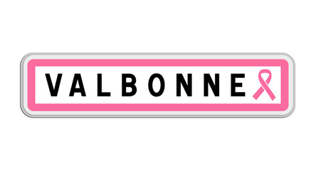 Panneau de sortie de Valbonne, Alpes-Maritimes, Provence-Alpes-Côte d'Azur avec Ruban Octobre Rose