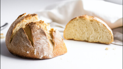 A freshly baked loaf of rustic bread, sliced open to reveal its soft and airy texture, perfect for food photography or culinary use.