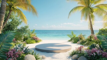 Fototapeta premium Empty display platform by beach. Tropical paradise setting for product showcase