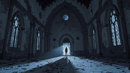 Mysterious figure in abandoned gothic hallway with eerie light and shadows