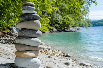 Serene Stacked Stones Beach Zen Rocks Calm Lake Nature