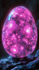 Glowing abstract 3D egg with a circuit board texture symbolizes digital birth innovation and futuristic potential presented as a modern tech-themed greeting card illustration

