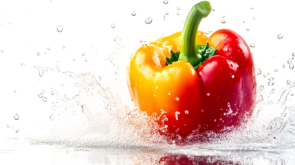 A red and yellow pepper is floating in water