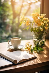 Afternoon coffee break with flowers
