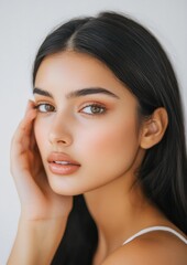 Fototapeta premium Young Woman Side Pose Hand on Face Portrait