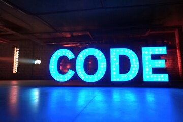 Illuminated letters spelling 'I CODE' shine with blue light, reflecting off a glossy surface. A creative and tech-focused visual.