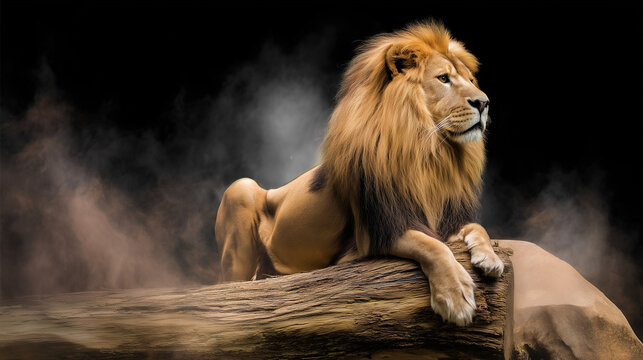A majestic lion lounges atop a log, exuding strength and grace against a dark, smoky background.