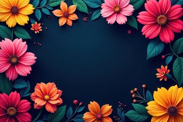 Bold, repeating floral motif; vibrant colors on dark backdrop, wallpaper, design, bright