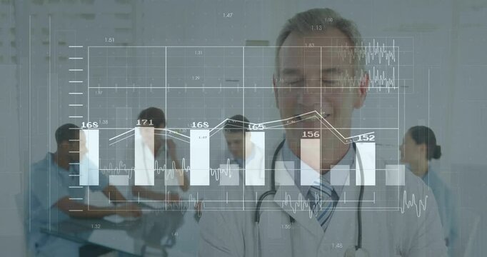 Medical team reviewing financial data in medical conference room showing holographic chart overlays - Powered by Adobe