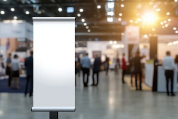 A roll-up banner stands prominently in a bustling convention hall, ready to display information to attendees. Bright overhead lighting.