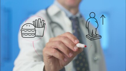 Medical professional drawing relationship between junk food consumption and weight gain, illustrating health risks using graphic visualization on white background