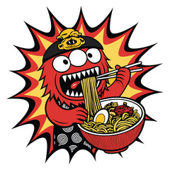 A mischievous ramen monster with fiery red skin slurps noodles within a cartoonishly explosive ramen bowl, vibrant colors.