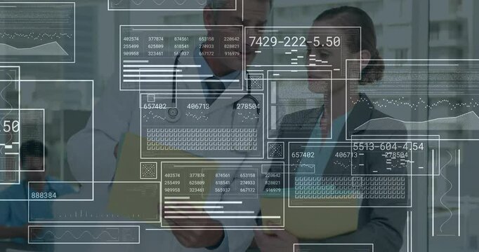 Doctor and healthcare administrator reviewing patient files in clinic, showing floating data charts