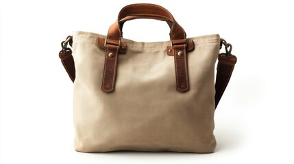 Beige canvas tote bag handbag with leather straps, isolated on white background